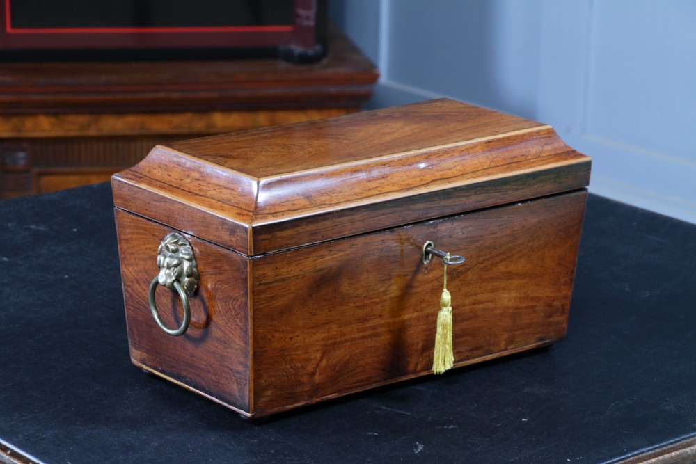 A Georgian rosewood sarcophagus-form tea caddy featuring stringing inlay, brass lion-mask side handles, and a keyhole with a tasselled key. View VII