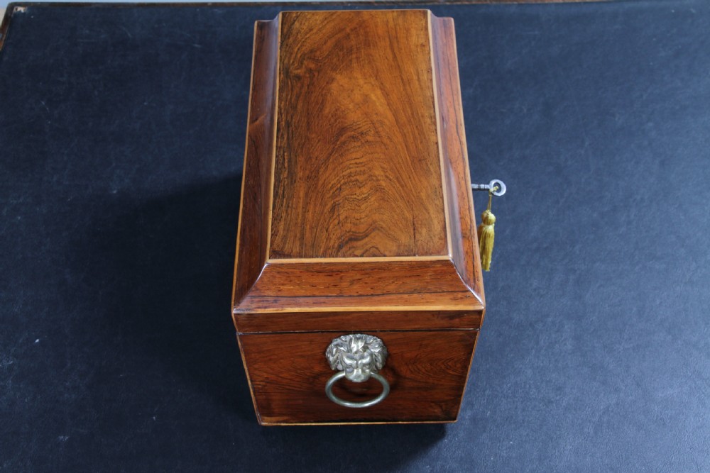 A Georgian rosewood sarcophagus-form tea caddy featuring stringing inlay, brass lion-mask side handles, and a keyhole with a tasselled key. View VIII