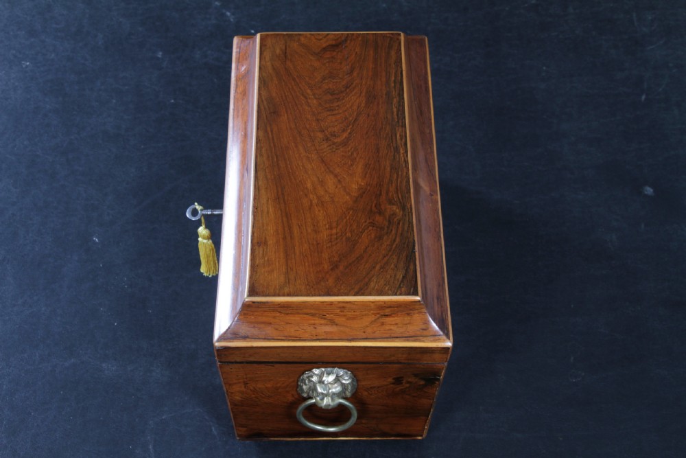A Georgian rosewood sarcophagus-form tea caddy featuring stringing inlay, brass lion-mask side handles, and a keyhole with a tasselled key. View IX