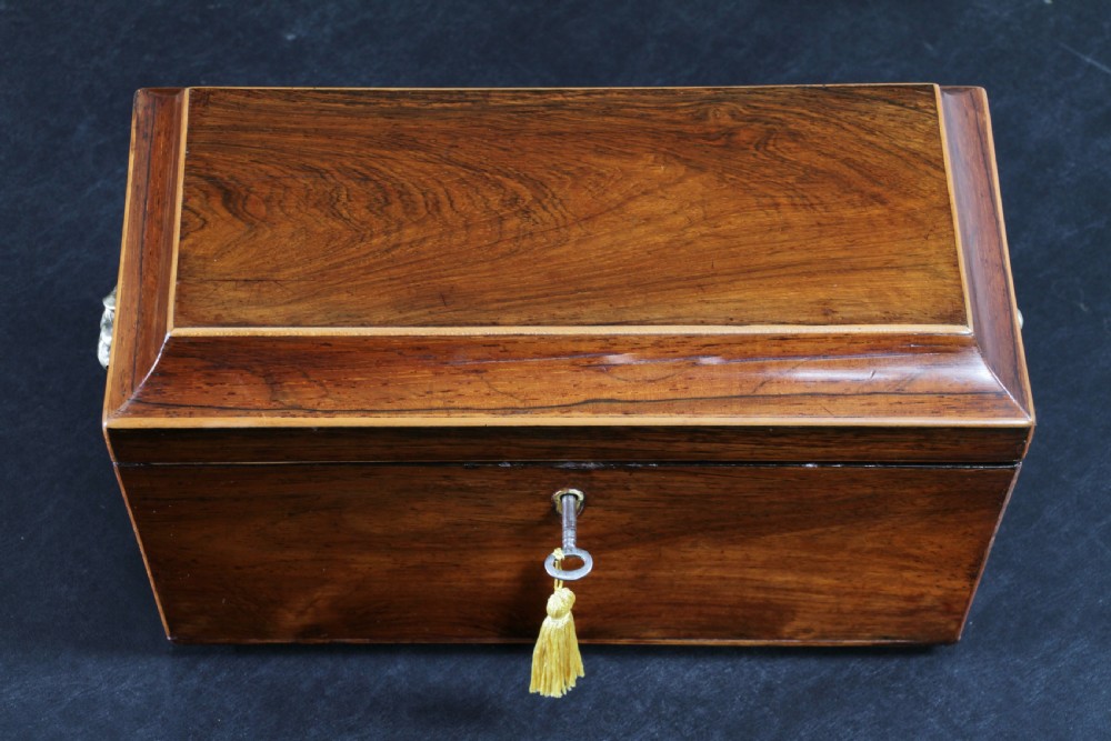 A Georgian rosewood sarcophagus-form tea caddy featuring stringing inlay, brass lion-mask side handles, and a keyhole with a tasselled key. View X