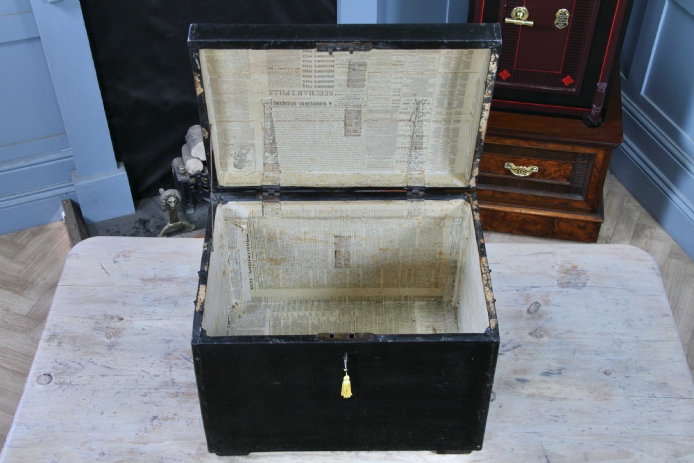 Antique Victorian Rexine Domed Travelling Trunk Coach Luggage Chest Locking 1888 View IV