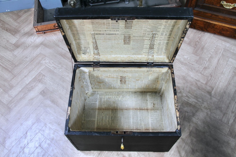 Antique Victorian Rexine Domed Travelling Trunk Coach Luggage Chest Locking 1888 View XX