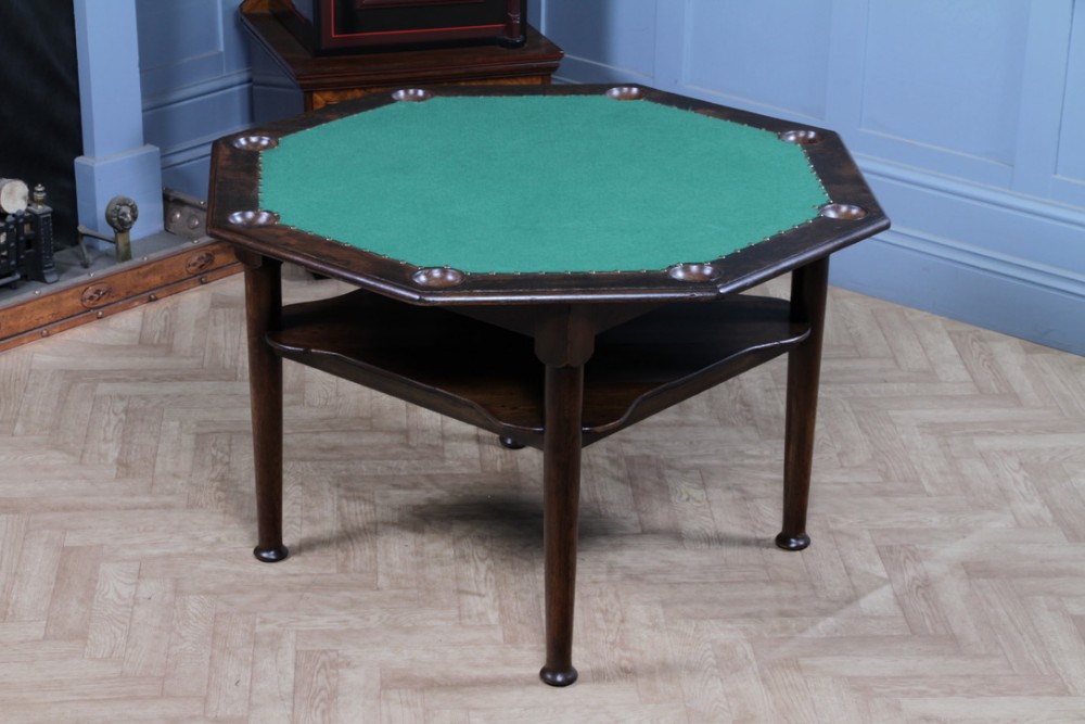 Antique Edwardian Oak Octagonal Poker Table Games Card Table 8 Player Shelf 1910