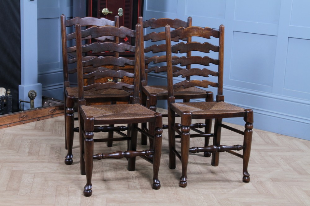 Titchmarsh & Goodwin Set of 4 Ladder Back Solid Oak Rush Seated Dining Chairs