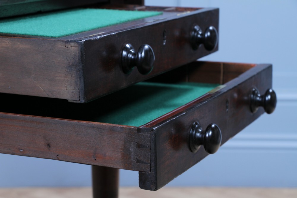 A George III mahogany Pembroke table featuring drop leaves, turned legs on brass castors, and an open drawer fitted with a green baize writing slope and compartments. View XIX