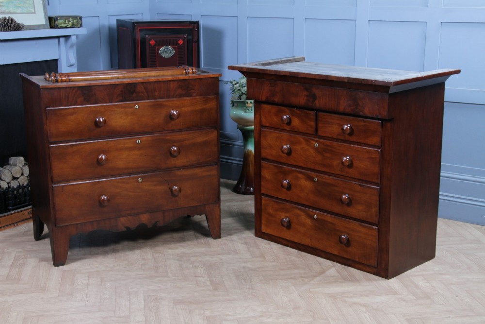A Georgian Scottish mahogany chest on chest featuring eight drawers with turned wooden knobs, fluted side columns, and an overhanging pediment cornice. View XVII