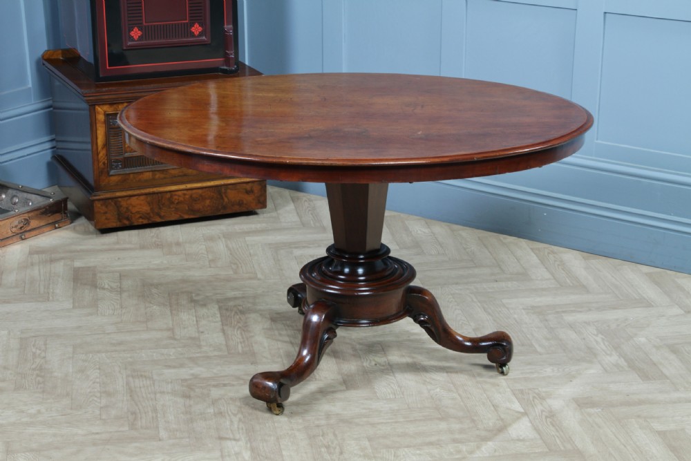 A Victorian oval mahogany tilt-top dining table supported by an octagonal column and a carved tripod base with brass castors. View IV
