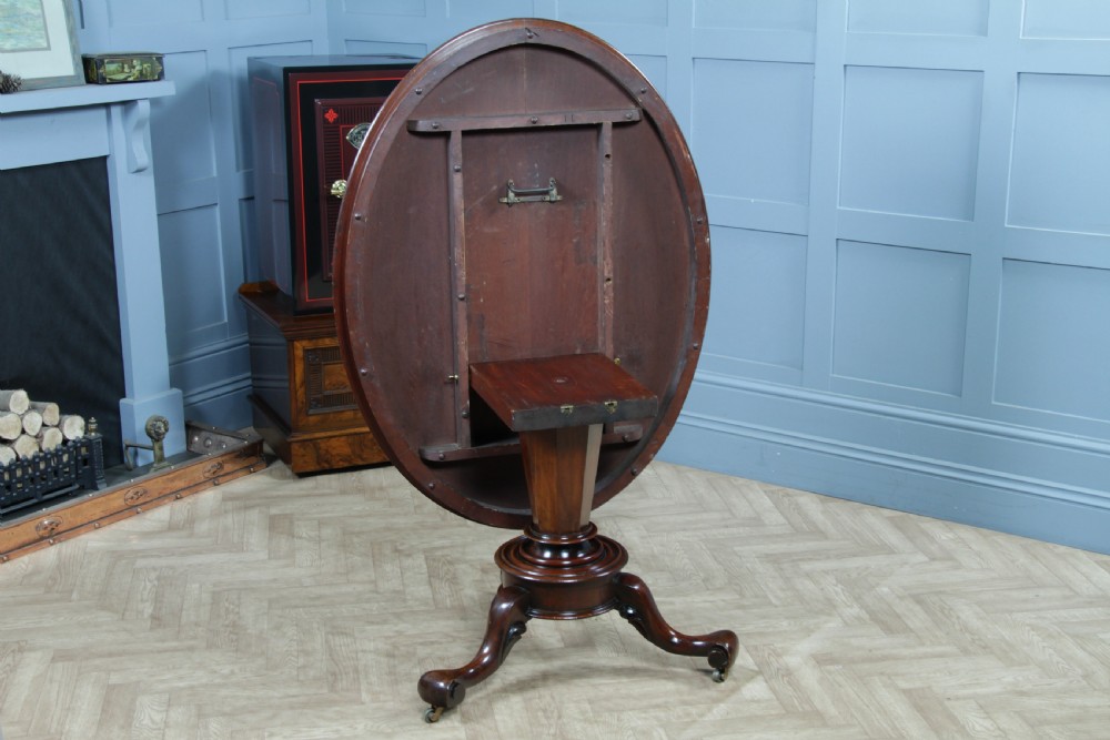 A Victorian oval mahogany tilt-top dining table supported by an octagonal column and a carved tripod base with brass castors. View VII