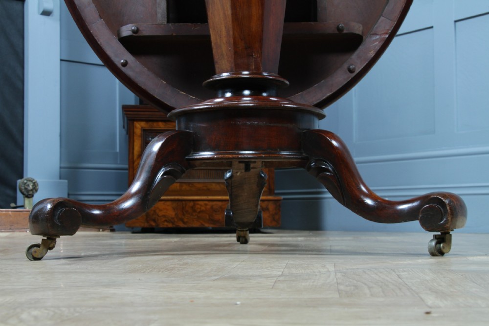 A Victorian oval mahogany tilt-top dining table supported by an octagonal column and a carved tripod base with brass castors. View XIII