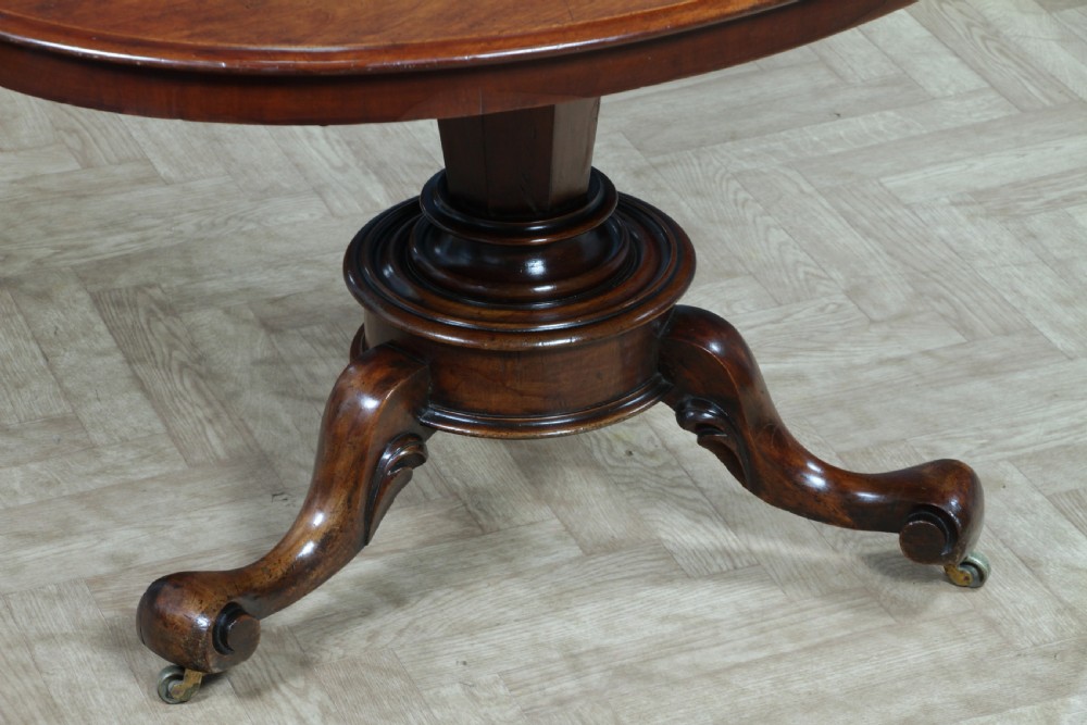 A Victorian oval mahogany tilt-top dining table supported by an octagonal column and a carved tripod base with brass castors. View XVI