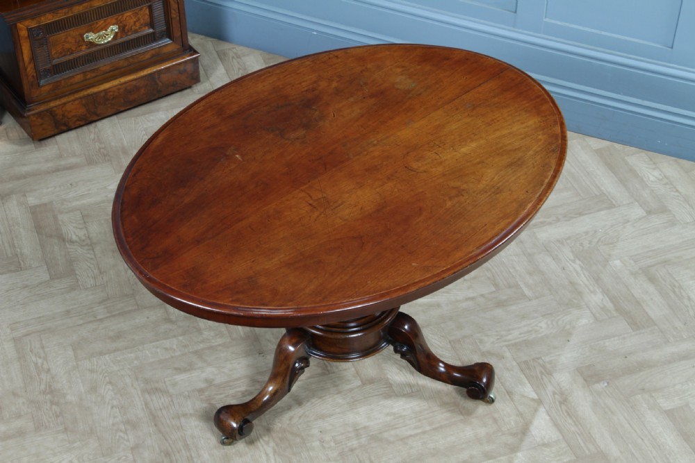 A Victorian oval mahogany tilt-top dining table supported by an octagonal column and a carved tripod base with brass castors. View XVIII