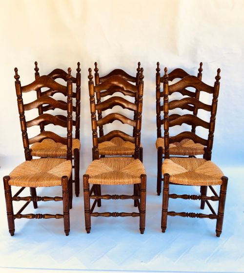 Quality Set of 6 French Ladder Back Oak Dining Chairs