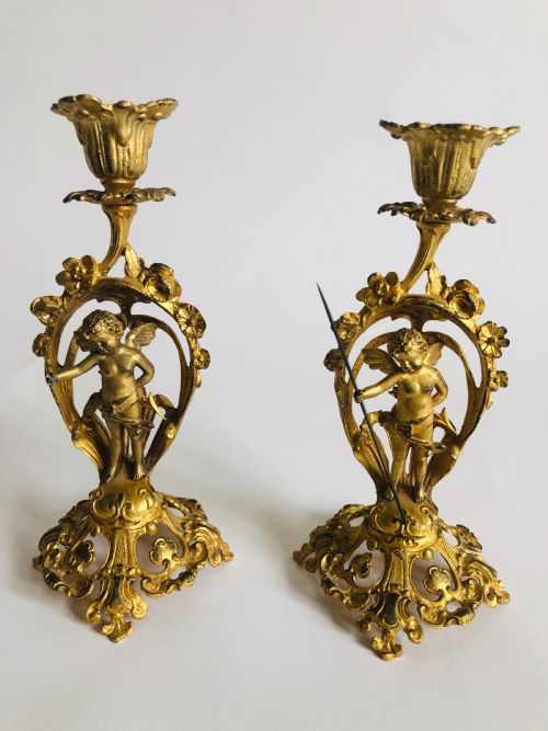 Pair of Fine French Victorian Ornate Gilded Candlesticks