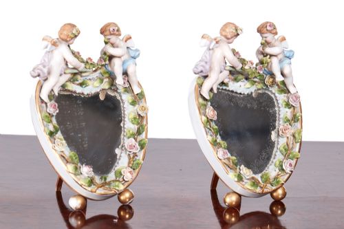 Pair of Antique Continental Porcelain Heart Shaped Mirrors