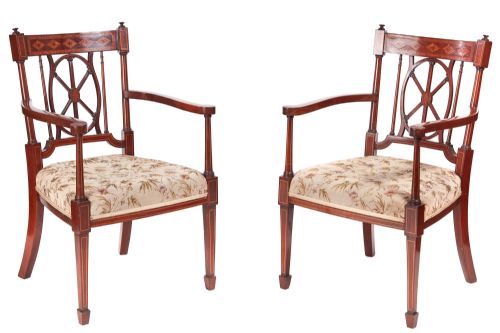 Quality Pair of Antique Mahogany Inlaid Arm/desk Chairs