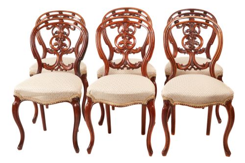 Quality Set of Six Victorian Antique Carved Walnut Dining Chairs