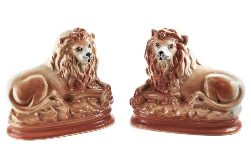 Fine Pair of Unusual Antique Staffordshire Lions