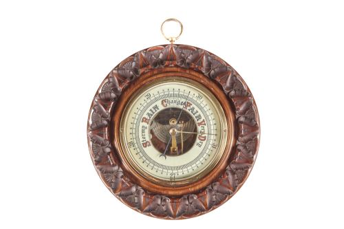 Quality Antique Aneroid Carved Walnut Round Barometer C.1880