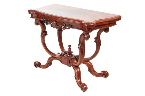 Unusual Victorian Burr Walnut Basket Base Card Table C.1860