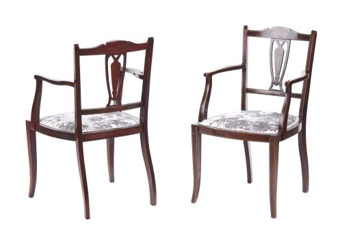 Pair of Antique Edwardian Mahogany Inlaid Armchairs