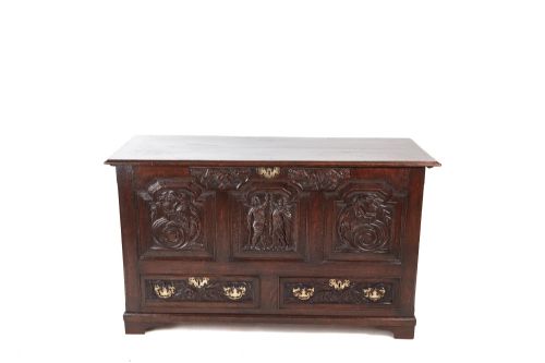 Antique 19th Century Carved Oak Mule Chest