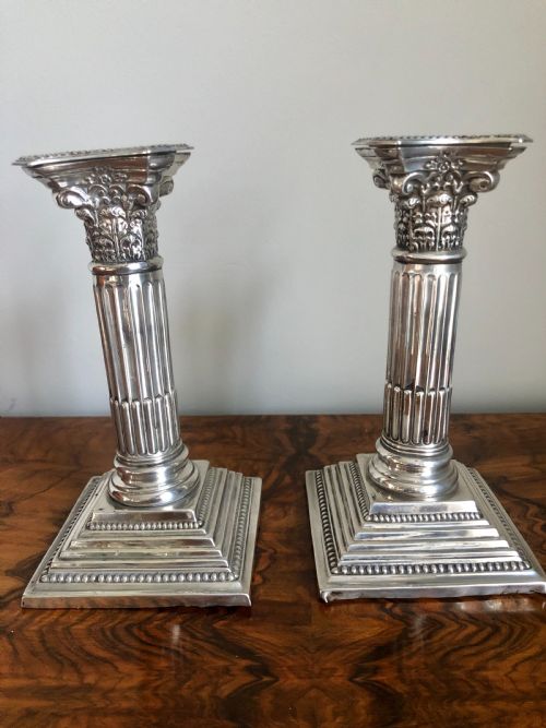 Pair of Edwardian Sterling Silver Corinthian Candlesticks by Nathan & Hayes