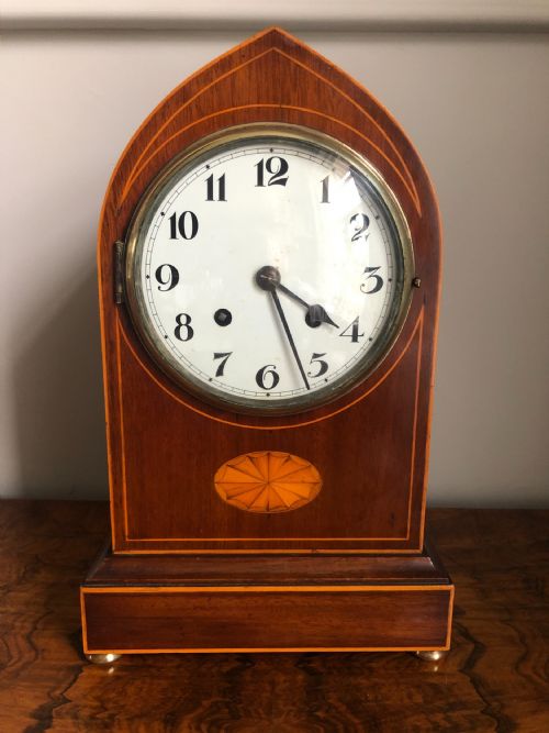 Edwardian Mahogany Lancet Top Mantel Clock