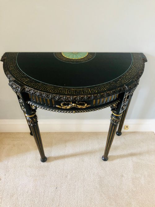 Fine Carved French Demi Lune Shaped Ebonised Console Table