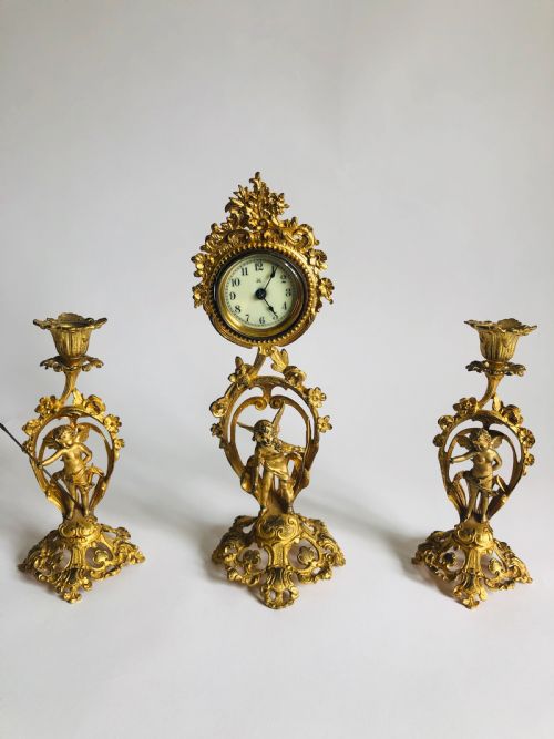 Fine Victorian Ornate Gilded Clock Set