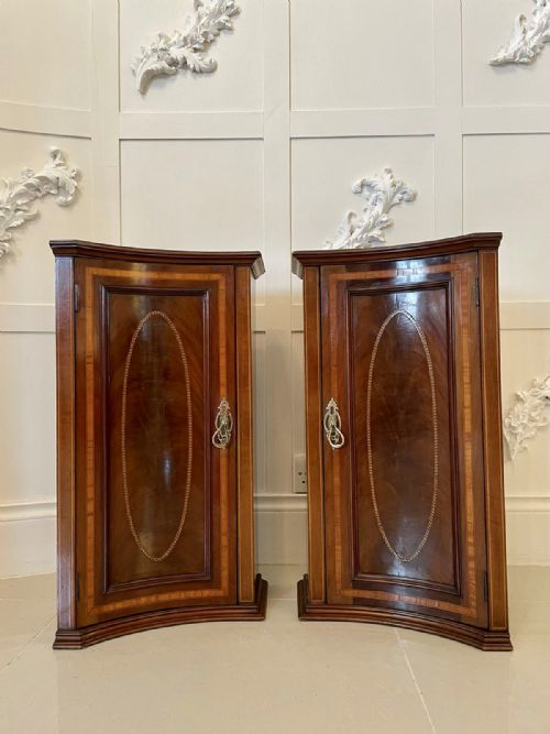 Pair of Antique Victorian Inlaid Mahogany Shaped Bedside Cabinets