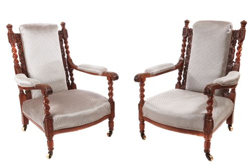 Fine Pair of Antique Victorian Carved Oak Armchairs