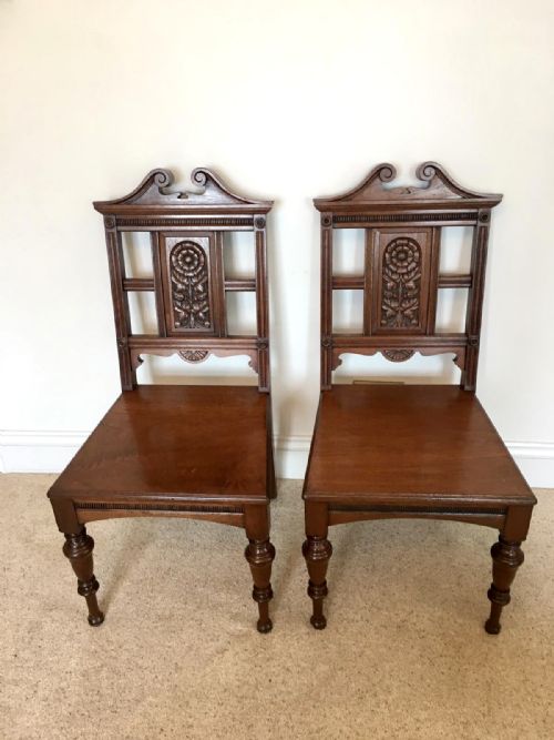 Pair of Antique Carved Walnut Hall Chairs by Simpson and Sons, Halifax