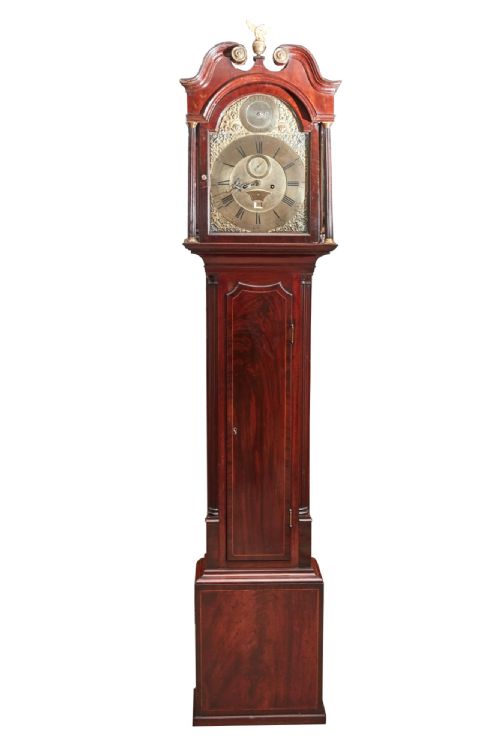 Outstanding 18th Century Mahogany Inlaid Brass Face Eight Day Grandfather Clock