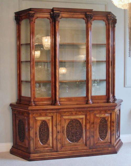 Magnificent Exhibition Quality Antique Victorian Burr Walnut Carved Breakfront Display Cabinet