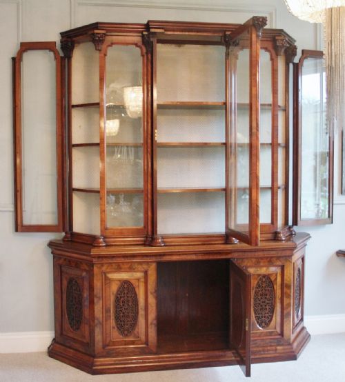 fig 1. Magnificent Exhibition Quality Antique Victorian Burr Walnut Carved Breakfront Display Cabinet