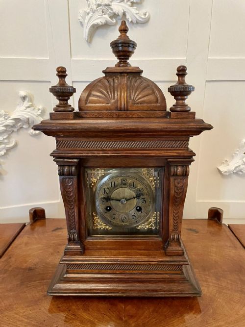 Large Antique Carved Walnut Brass Face Eight Day Bracket Clock