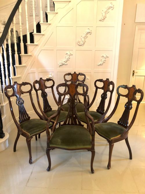 Unusual Set of Six Antique Mahogany Inlaid Dining Chairs
