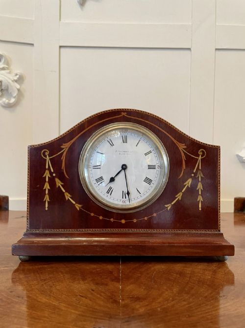 Quality Antique Inlaid Mahogany Eight Day Desktop Clock by R Stewart of Glasgow