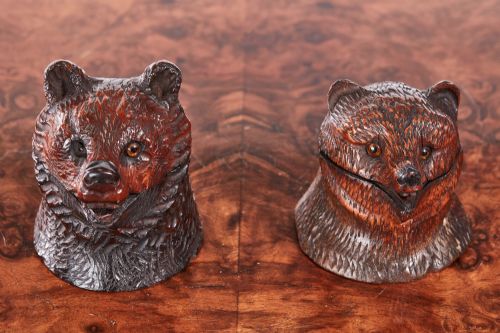 Pair of Antique Carved Black Forest Bear Inkwell