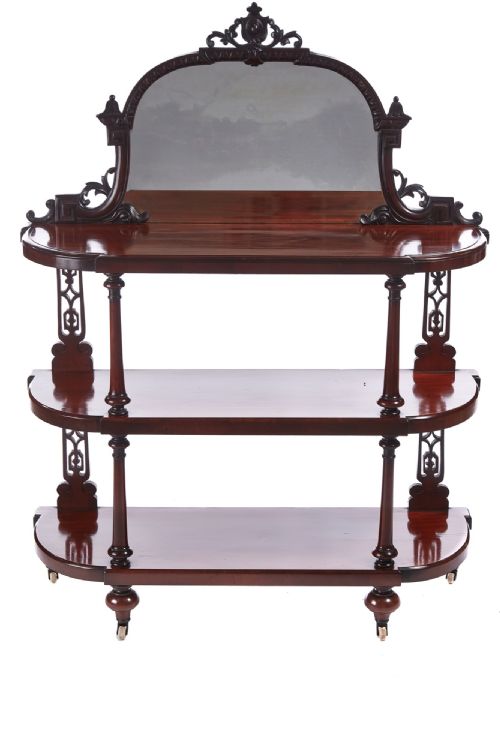 Quality Antique Victorian Mahogany Carved Mirror Back Whatnot