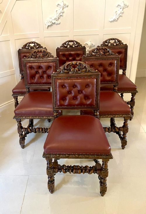 Quality Set of Six Antique Victorian Carved Oak Dining Chairs