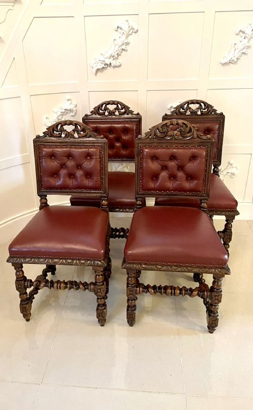Quality Set of Four Antique Victorian Carved Oak Dining Chairs