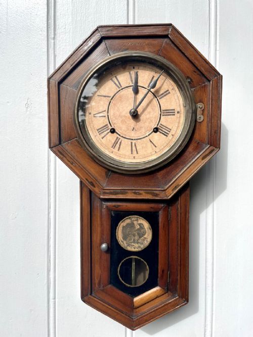 Antique Victorian Eight Day Drop Dial Wall Clock