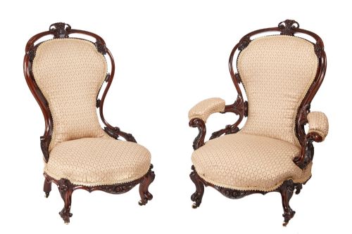 Outstanding Pair of Antique Victorian Carved Walnut Chairs

