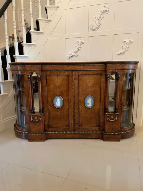 Fine Quality Antique Victorian Burr Walnut Credenza Set with Large Wedgwood Cameo Plaques