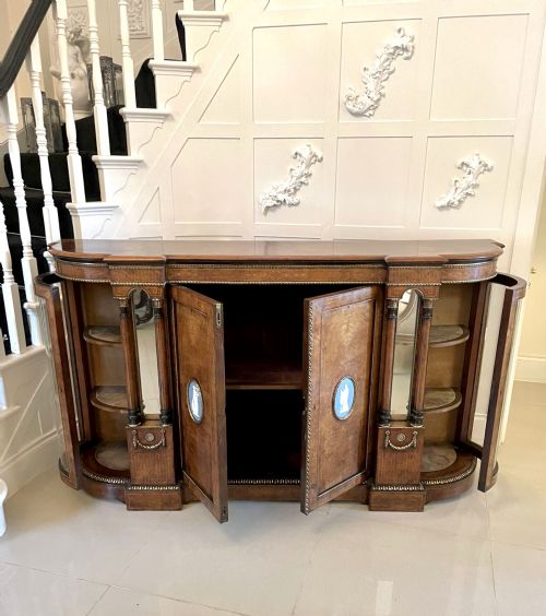 fig 1. Fine Quality Antique Victorian Burr Walnut Credenza Set with Large Wedgwood Cameo Plaques