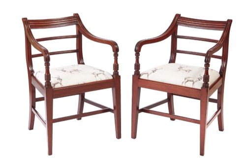Fine Pair of George III Mahogany Elbow / Desk Chairs
