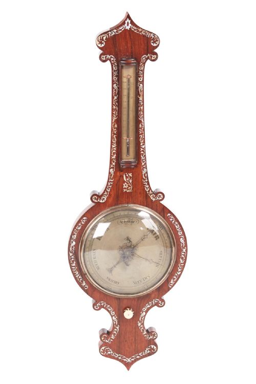19th Century Antique Rosewood Inlaid Mother of Pearl Banjo Barometer
