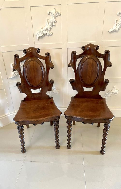 Unusual Pair of Antique Victorian Oak Hall Chairs

