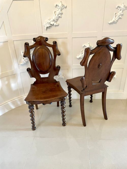 fig 1.  Unusual Pair of Antique Victorian Oak Hall Chairs

